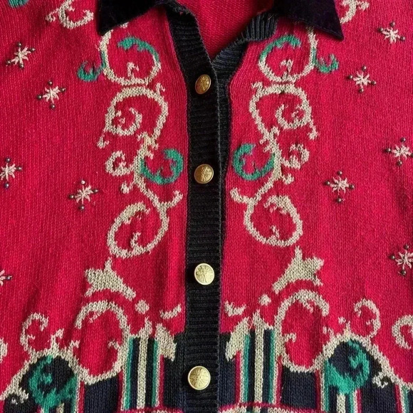 VTG Norton Mcnaughton Christmas Sweater Red Cardigan Gold Accents Women’s Med - Picture 3 of 8